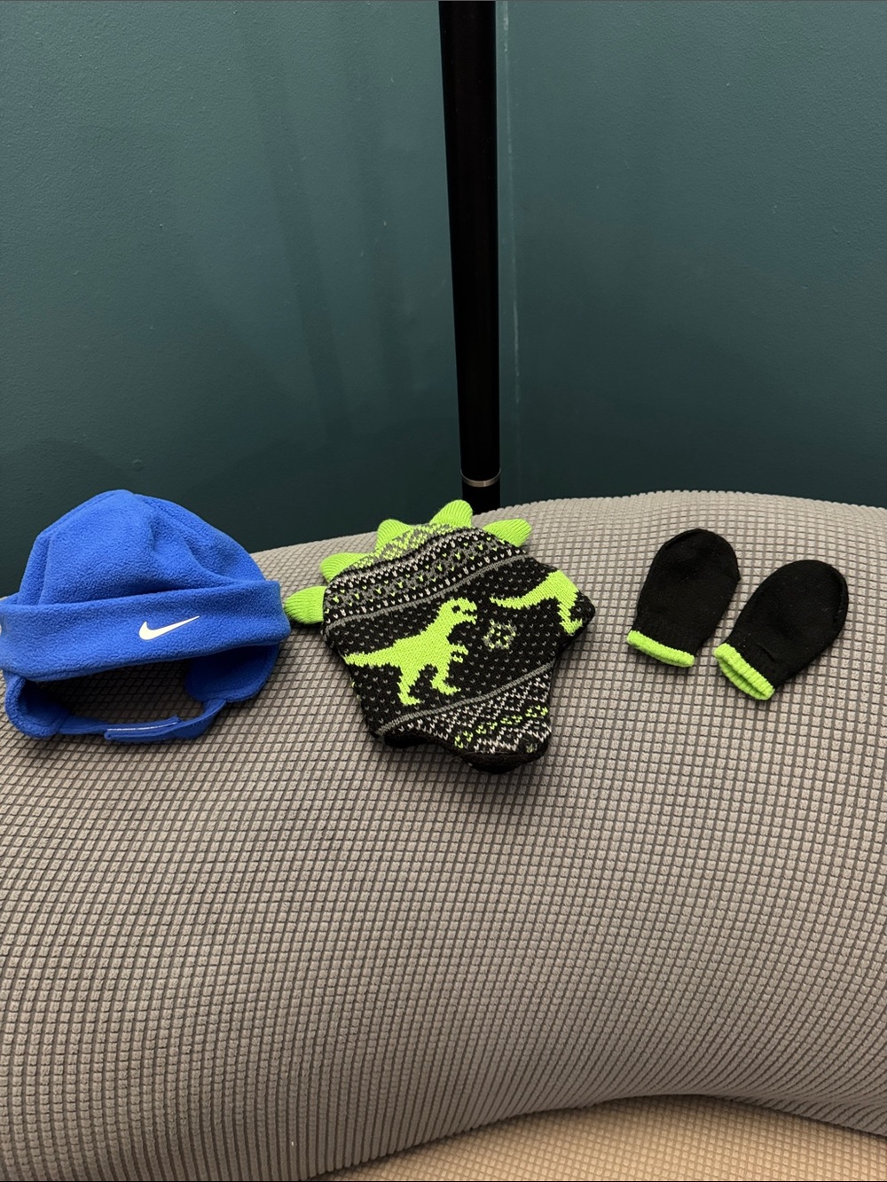 Nike Blue Kids Fleece Hat with Neon Green & Black Dino Mittens